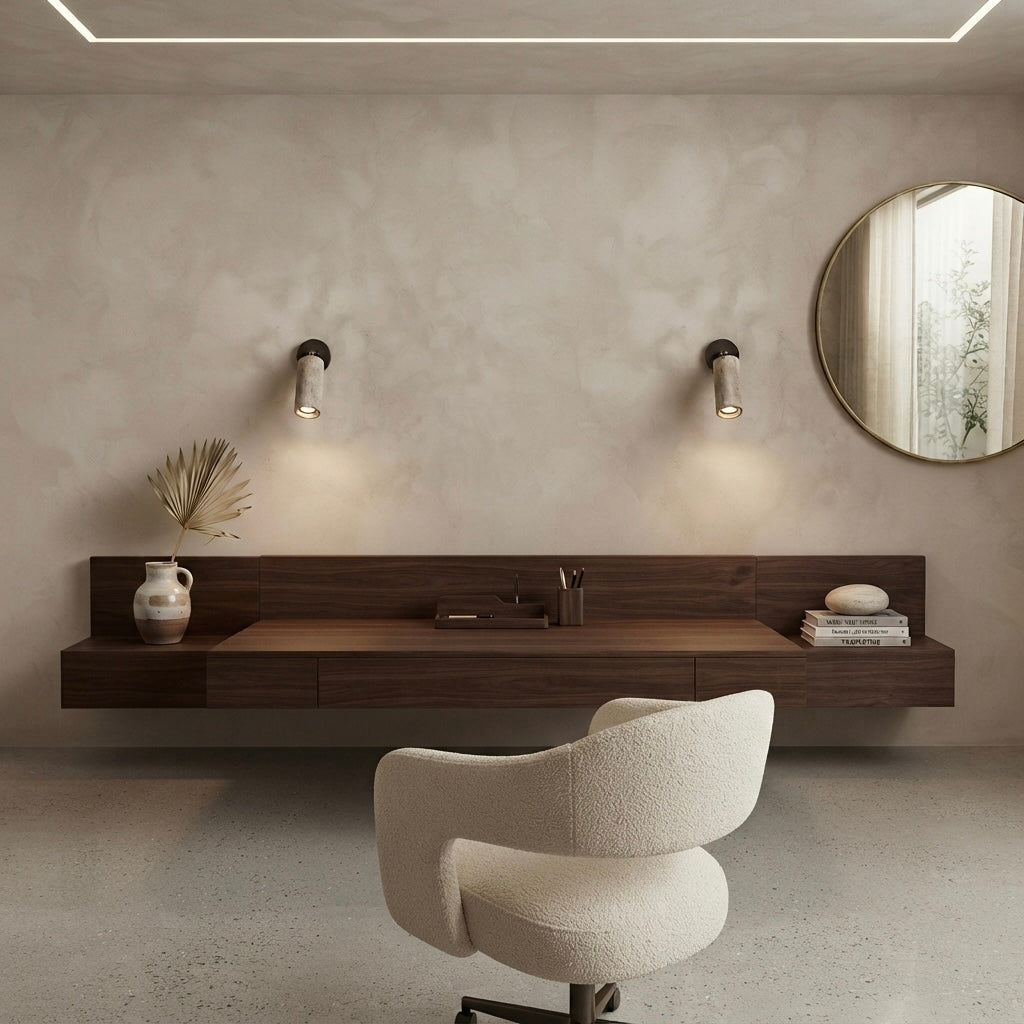 Nori Arc, Organic, Japandi, Wall Light, Travertine, Wood