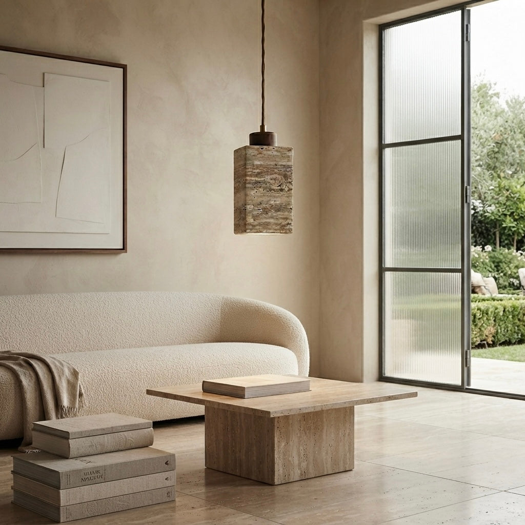 Sora Square, Travertine Wood Japandi Minimalist Pendant