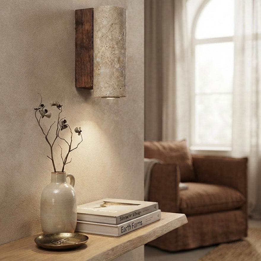 Sumi Tower, Textured, Block, Travertine, Earthy, Accent Lighting