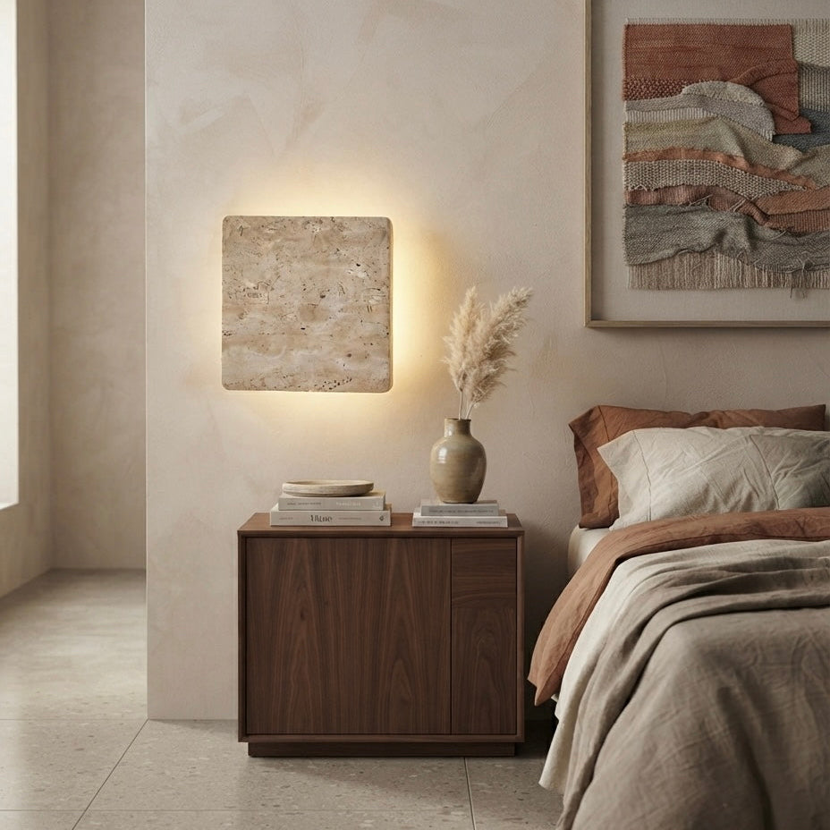 Shibui Square, Geometric, Wall Sconce, Travertine, Modern, Japandi