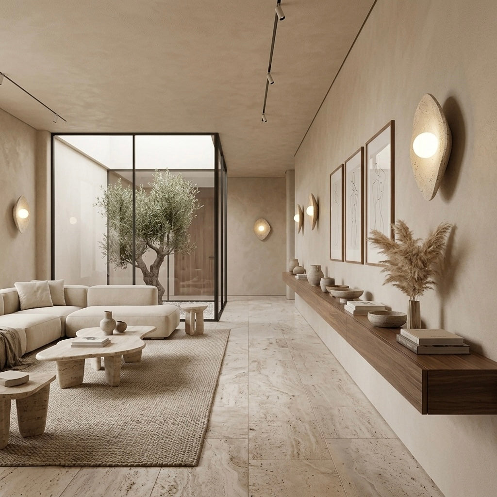 Shibusa, Architectural, Travertine, Wall Lighting, Contemporary, Earthy