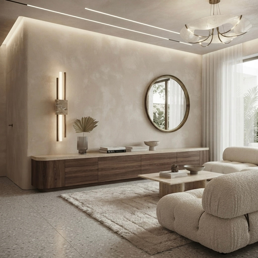 Zen Horizon, Linear, Architectural, Travertine, Contemporary, Statement
