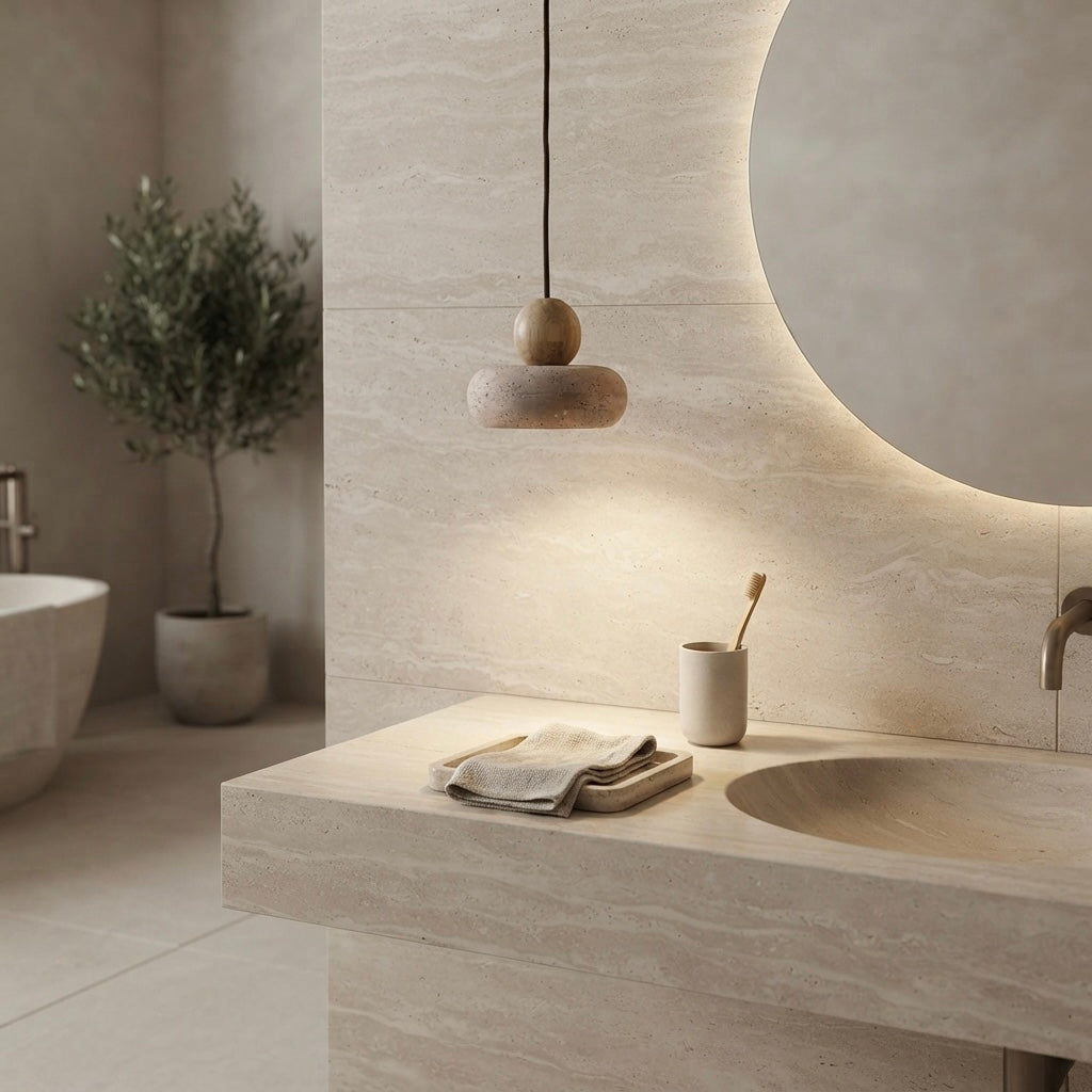 Ishi Oval, Organic, Modern, Travertine, Minimalist, Pendant Light