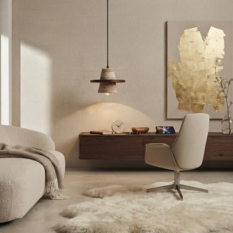 Kaze Sphere, Circular, Pendant Light, Travertine, Ambient, Modern