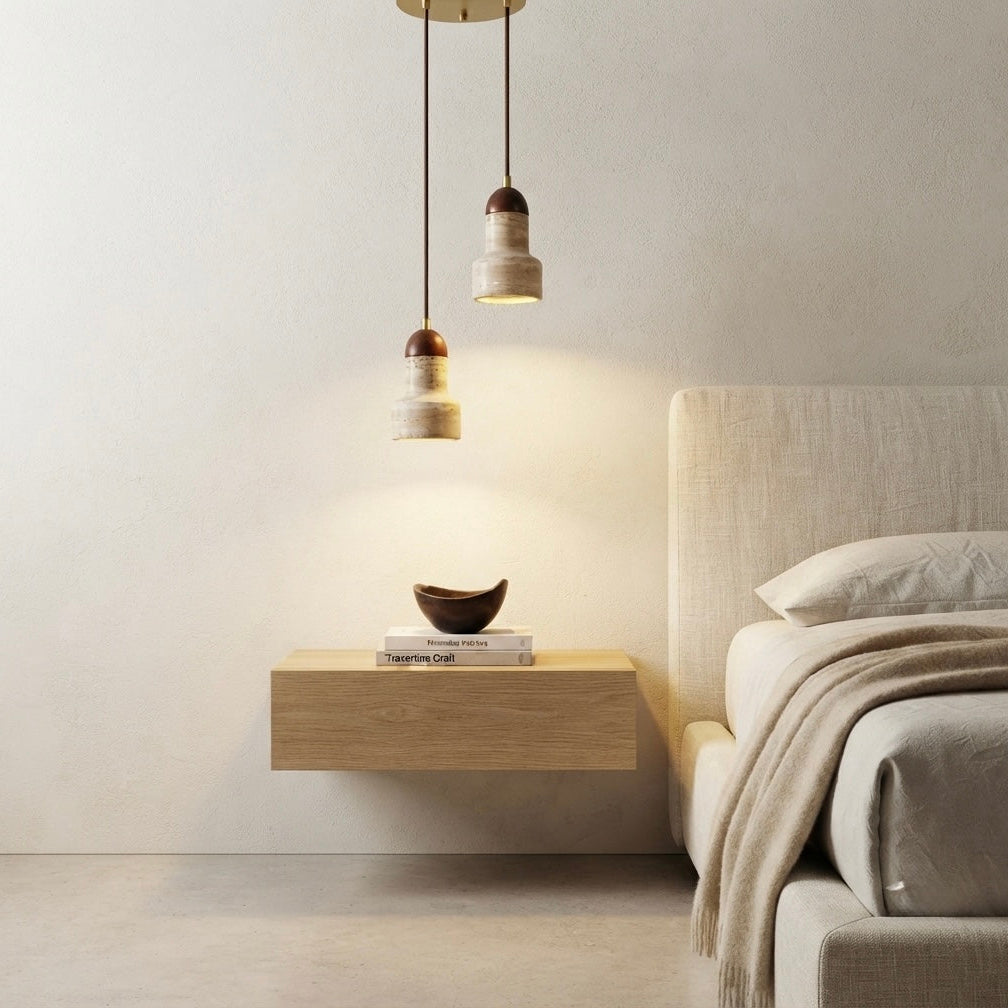 Kaito Stepped, Architectural Travertine Wood Tiered Pendant