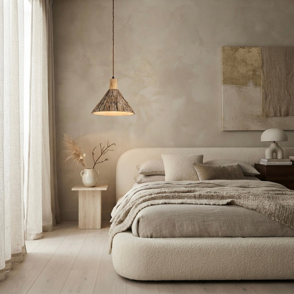 Ren Dome, Japandi, Travertine, Pendant Light, Minimalist, Organic