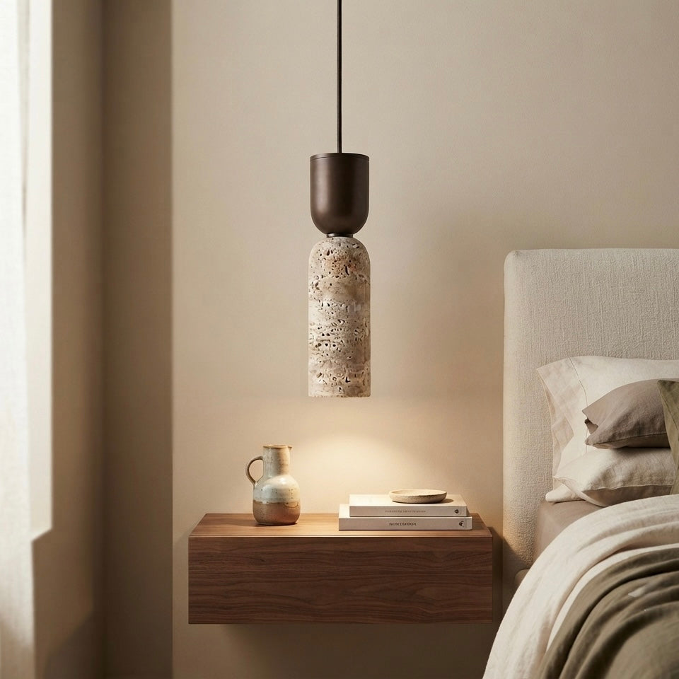 Suna Spindle, Geometric, Modern, Travertine, Minimalist, Pendant