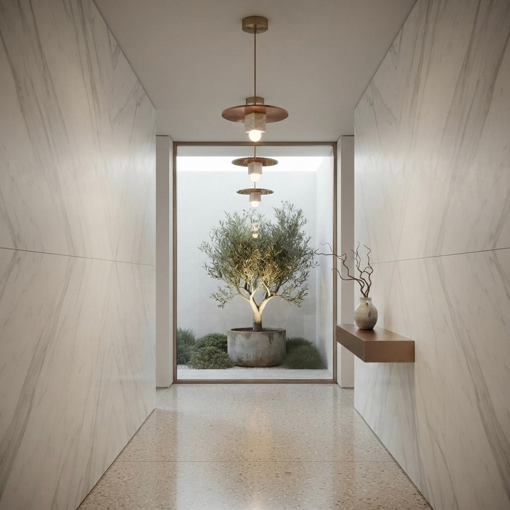 Sora Disc, Minimalist, Japandi, Pendant Light, Travertine, Wood