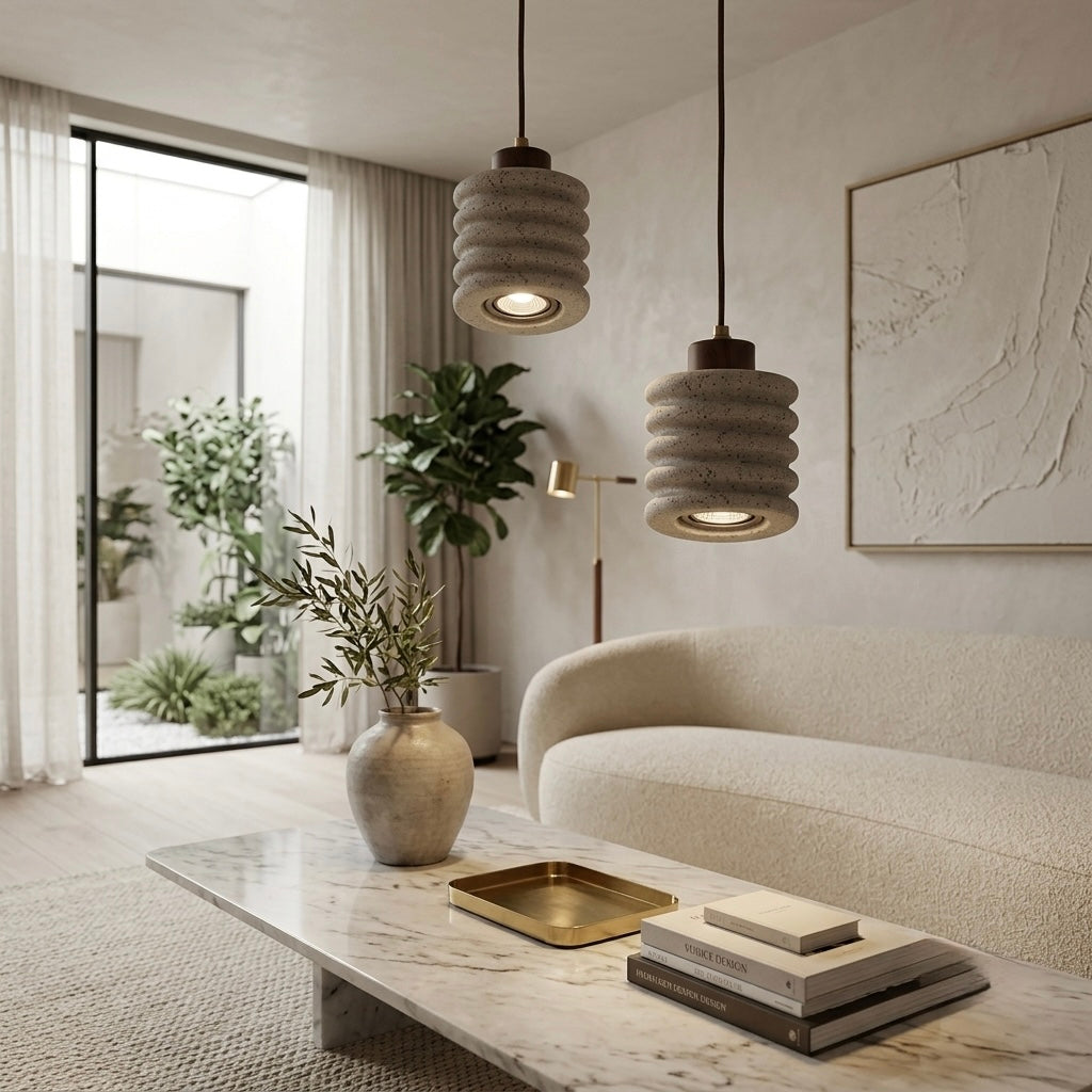 Nami Ripple, Horizontal Ridged Travertine Japandi Pendant