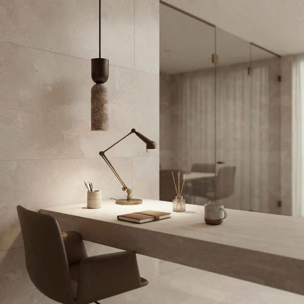 Suna Spindle, Geometric, Modern, Travertine, Minimalist, Pendant