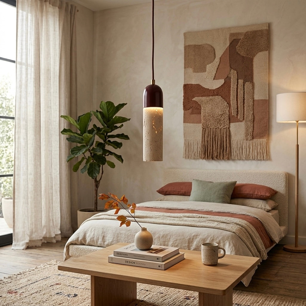 Shizen Pillar, Ambient, Minimalist, Pendant, Travertine, Boutique
