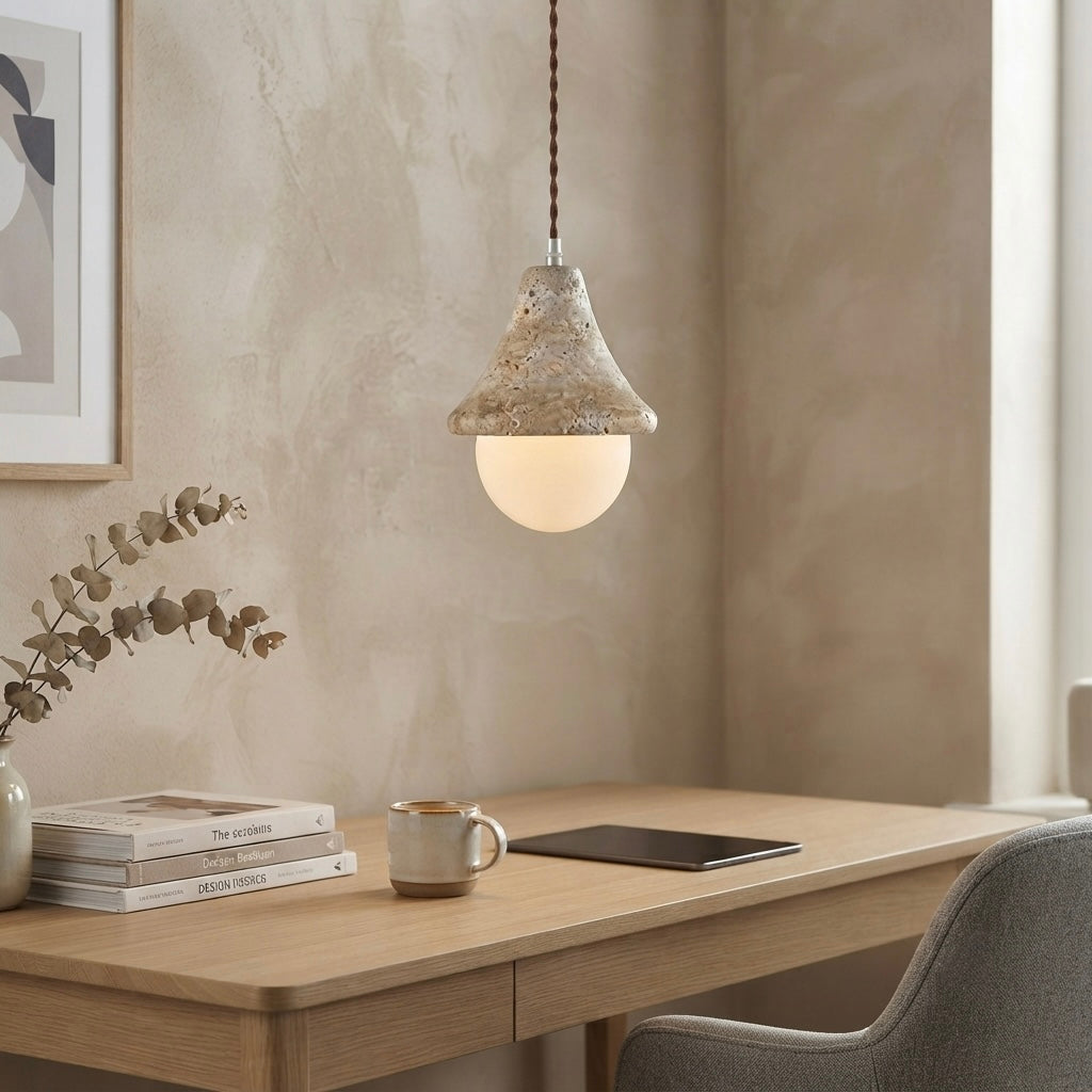 Shibumi Dome, Architectural, Travertine, Pendant, Contemporary, Earthy