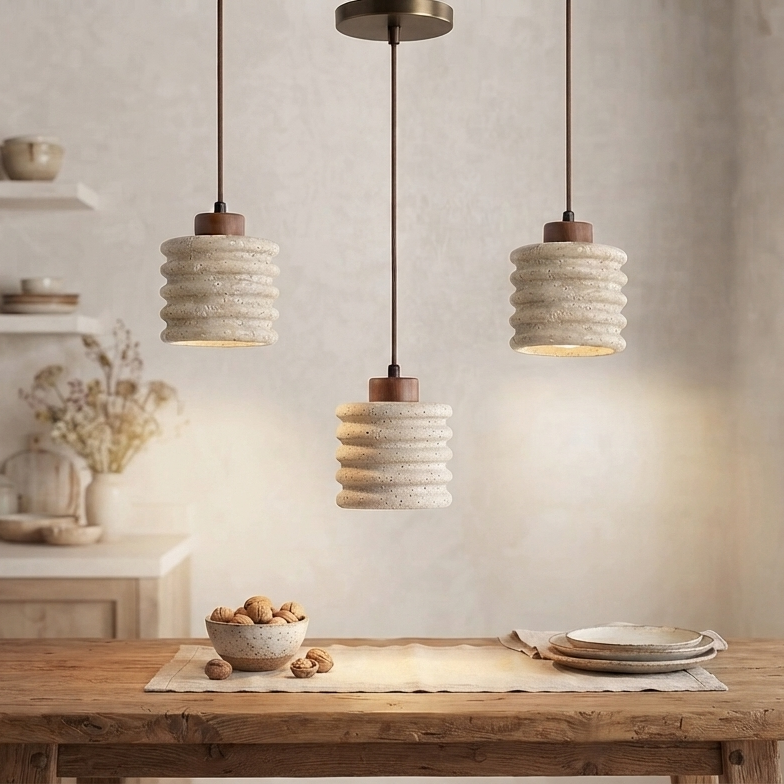 Nami Ripple, Horizontal Ridged Travertine Japandi Pendant