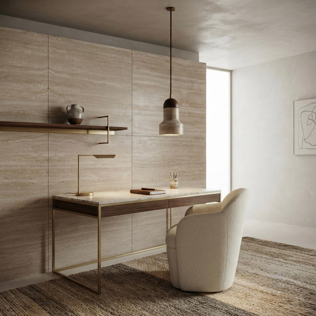 Kaito Stepped, Architectural Travertine Wood Tiered Pendant