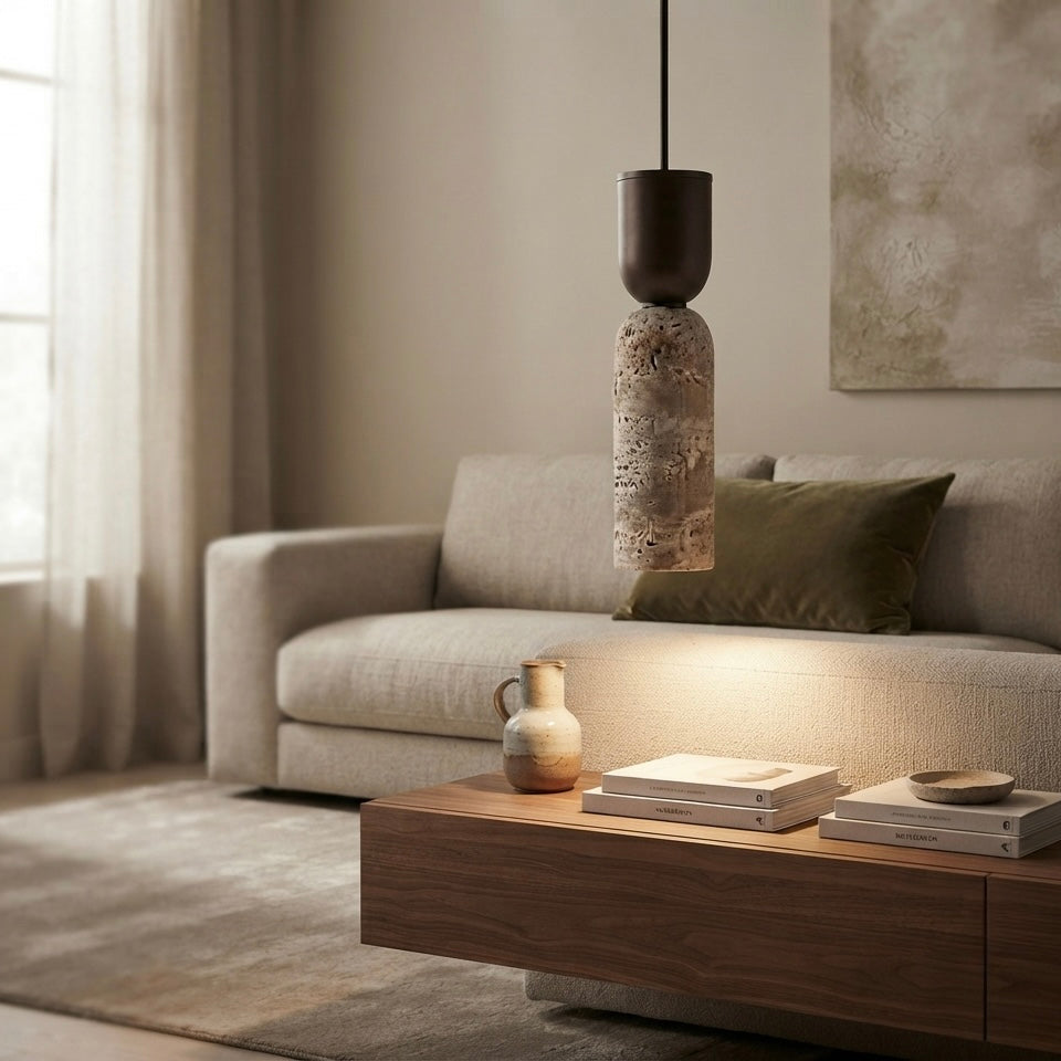 Suna Spindle, Geometric, Modern, Travertine, Minimalist, Pendant