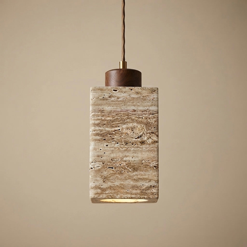 Sora Square, Travertine Wood Japandi Minimalist Pendant