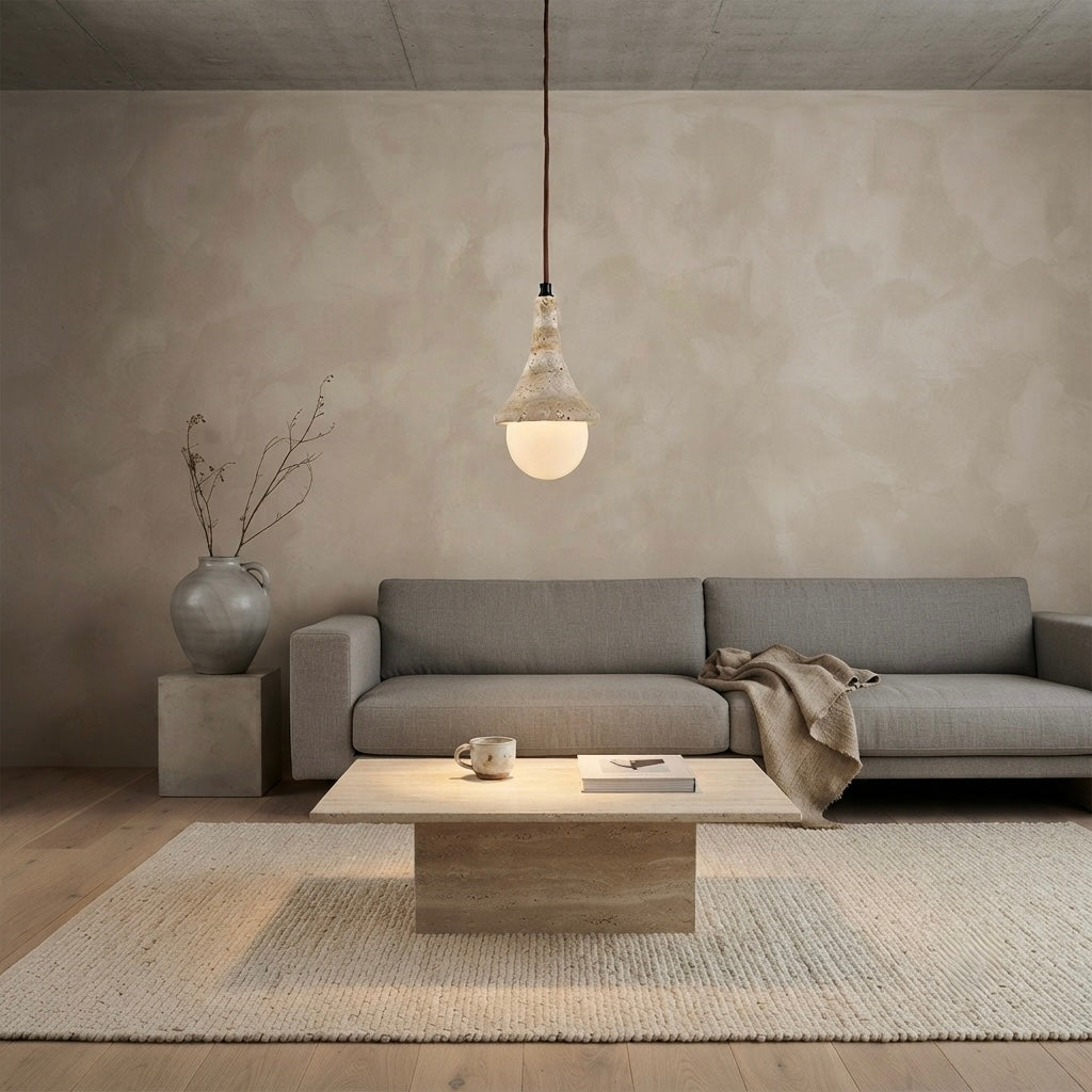 Shibumi Dome, Architectural, Travertine, Pendant, Contemporary, Earthy