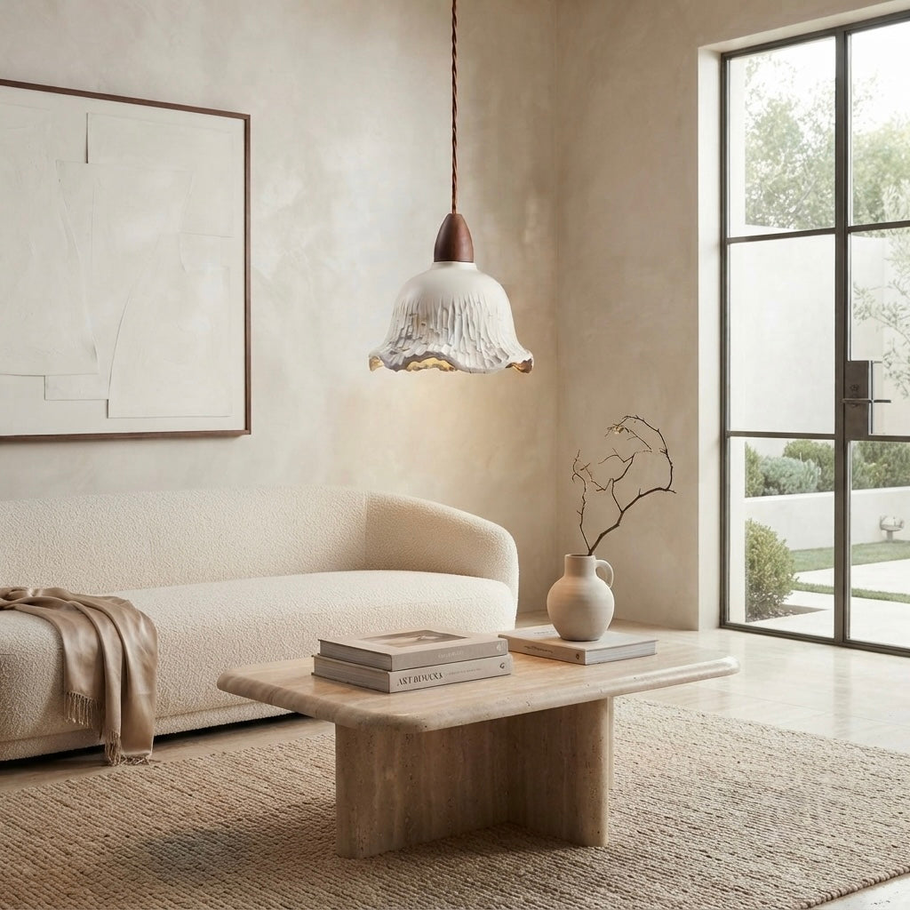 Rina Bell, Sculptural Travertine Vertical Ridged Pendant
