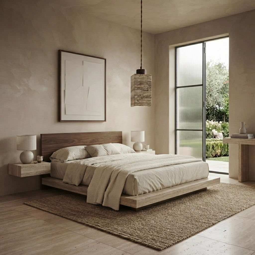Sora Square, Travertine Wood Japandi Minimalist Pendant