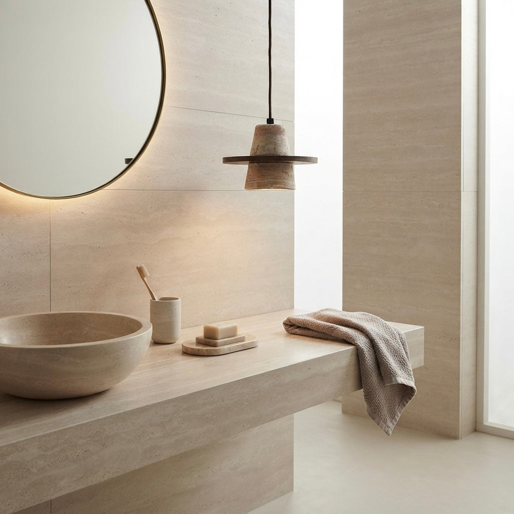 Kaze Sphere, Circular, Pendant Light, Travertine, Ambient, Modern