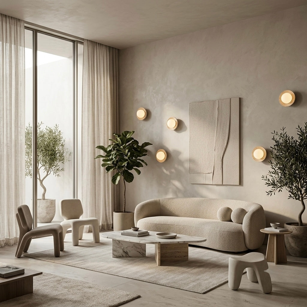Luna Sphere, Spherical, Travertine, Modern, Minimalist, Wall Sconce