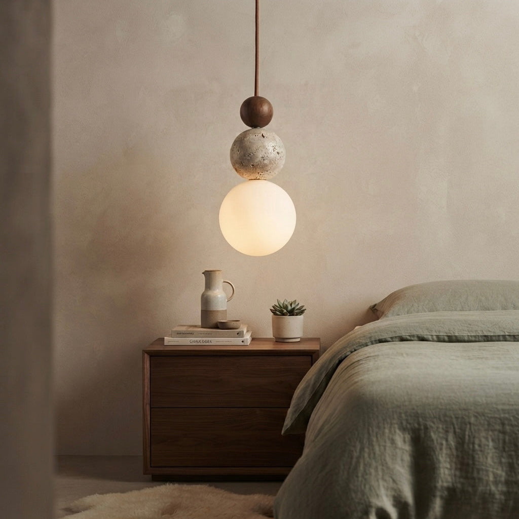 Hoshi Orb, Glass, Travertine, Modern, Ambient, Pendant Light