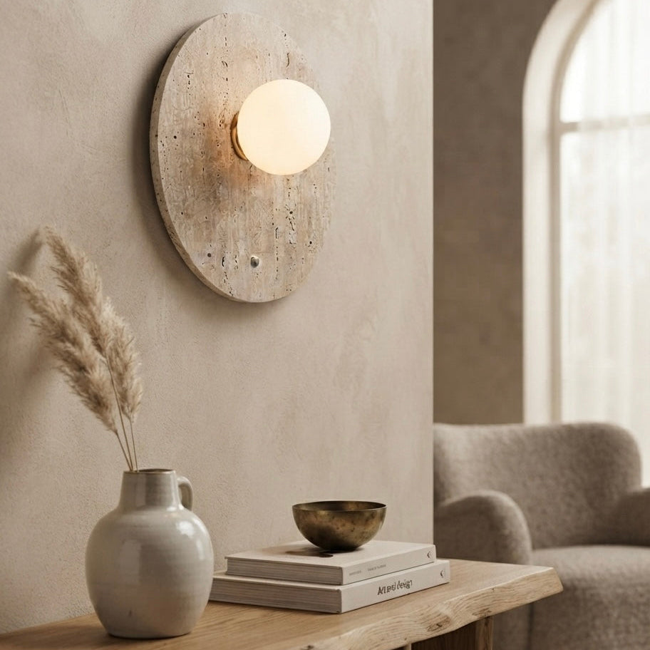Kumo Block, Circular, Wall Sconce, Travertine, Ambient, Modern