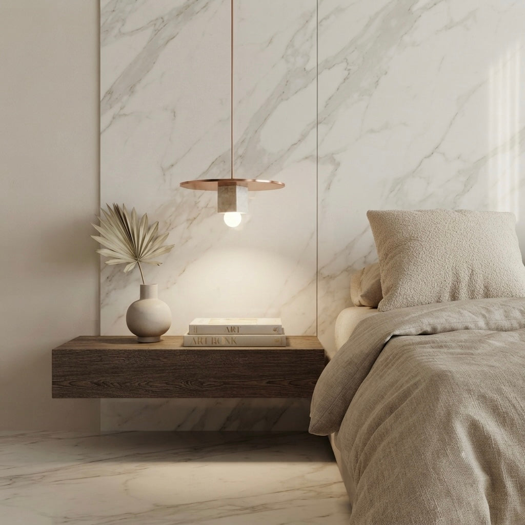 Sora Disc, Minimalist, Japandi, Pendant Light, Travertine, Wood