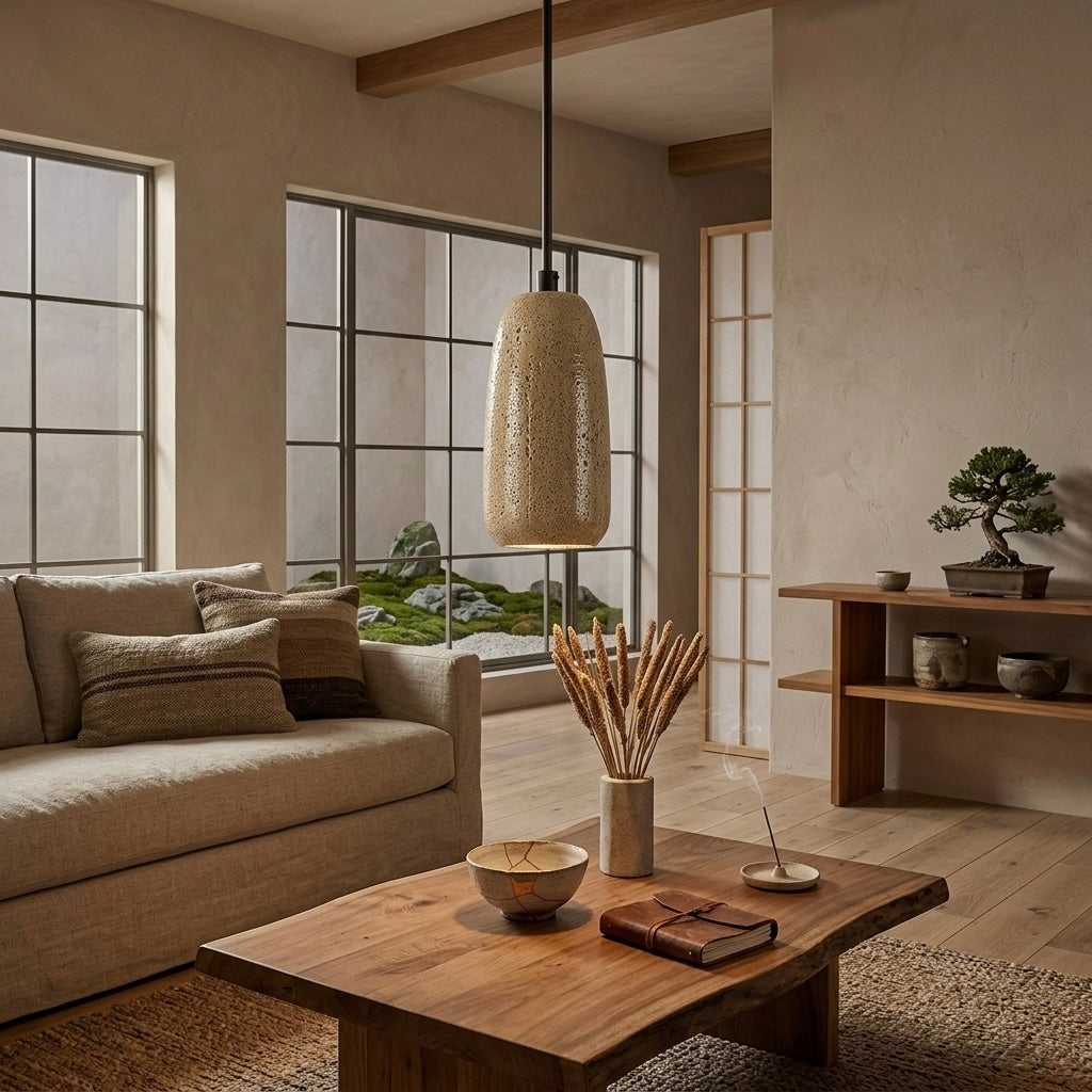 Kintsugi Cylinder, Architectural, Travertine, Pendant, Contemporary, Earthy