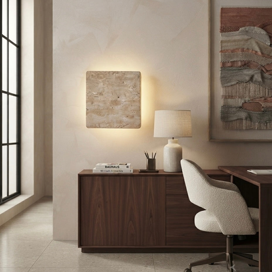 Shibui Square, Geometric, Wall Sconce, Travertine, Modern, Japandi