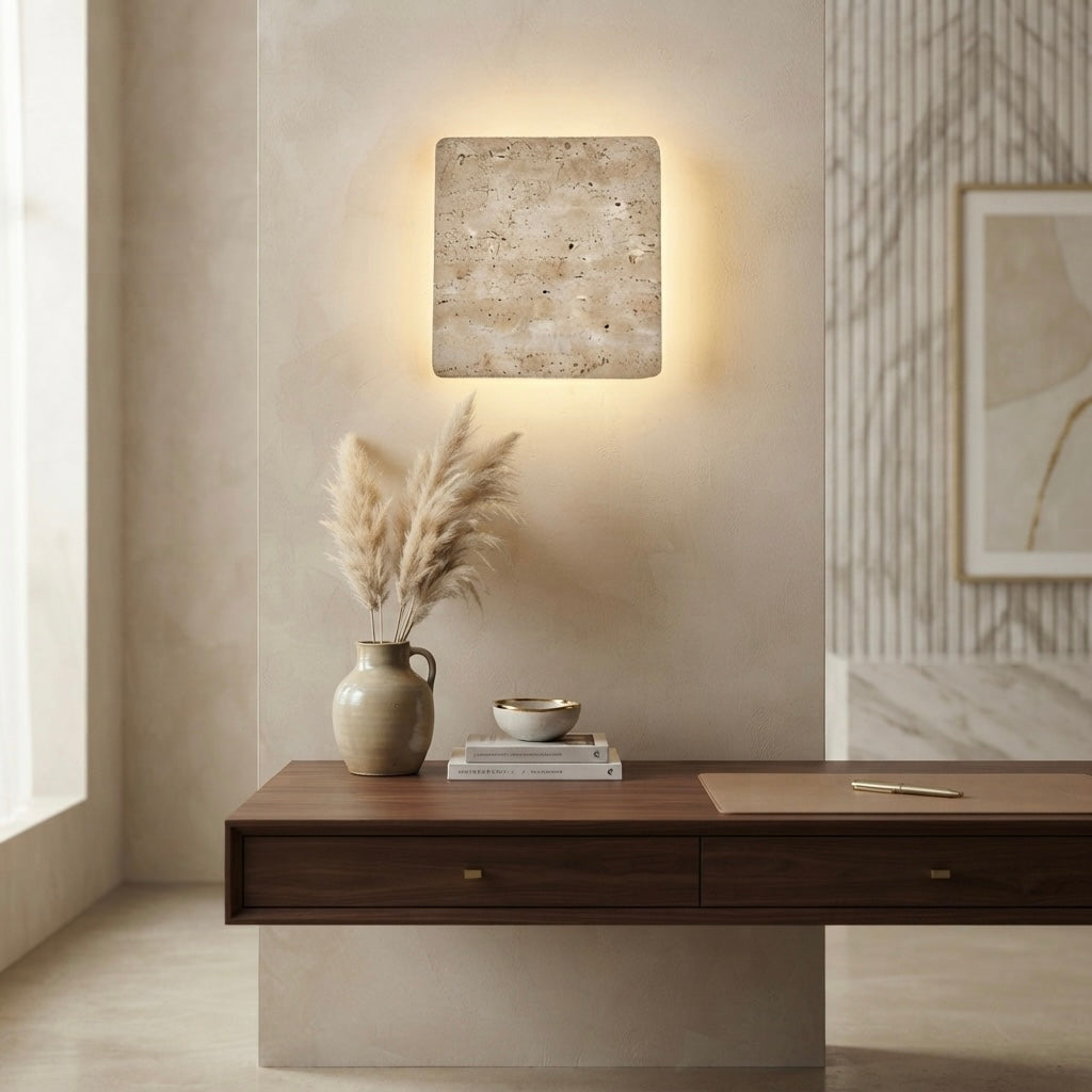 Shibui Square, Geometric, Wall Sconce, Travertine, Modern, Japandi