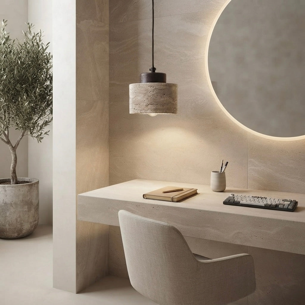 Nami Cylinder, Vertical, Minimalist, Travertine, Pendant, Japandi