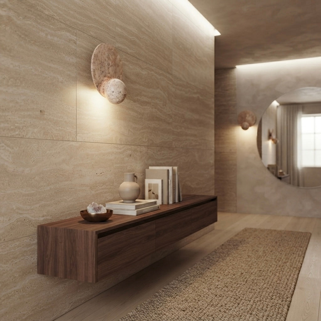 Renzu, Ambient, Minimalist, Wall Light, Travertine, Boutique