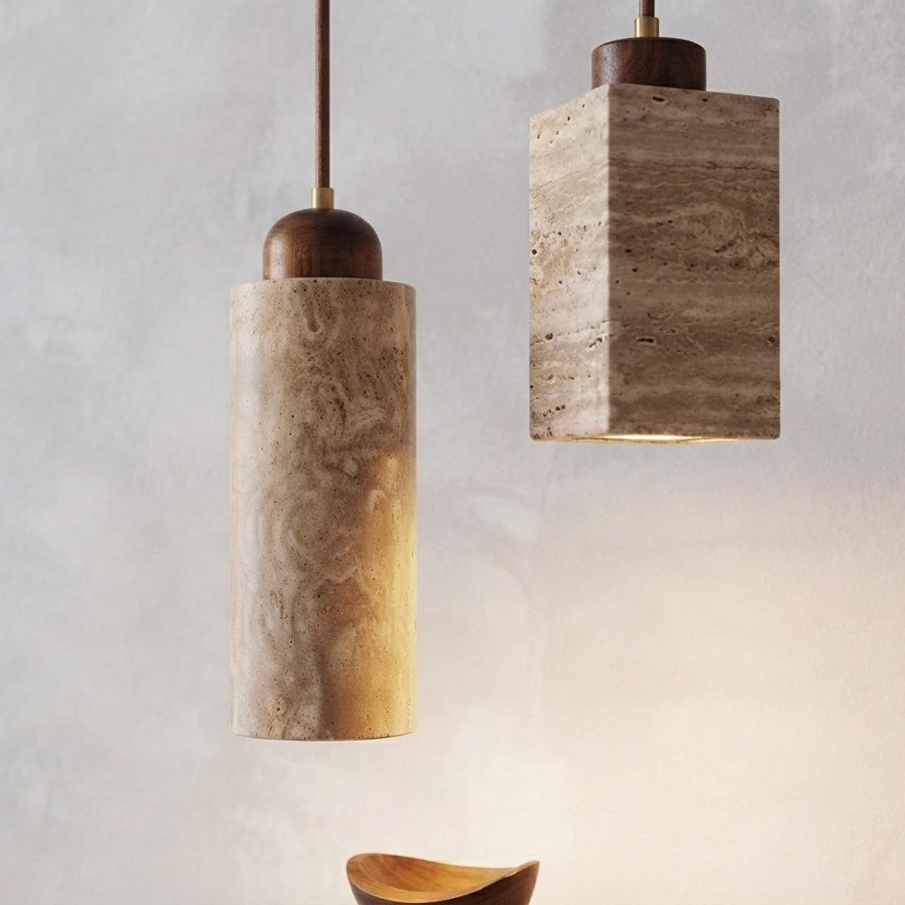 Sora Cylinder, Travertine Wood Japandi Minimalist Pendant