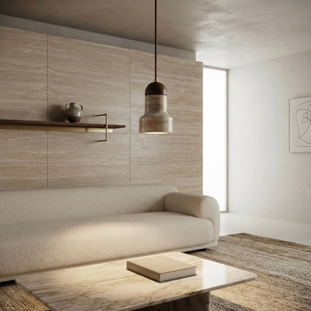 Kaito Stepped, Architectural Travertine Wood Tiered Pendant