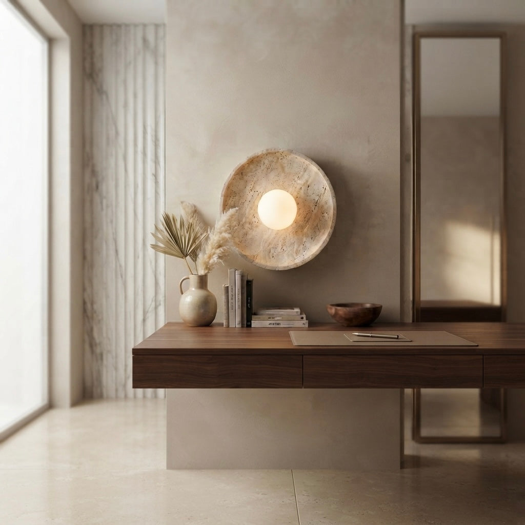 Ume Eclipse, Circular, Wall Sconce, Travertine, Ambient, Modern