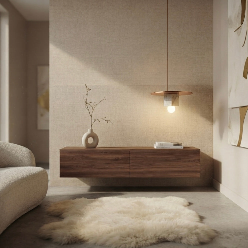Sora Disc, Minimalist, Japandi, Pendant Light, Travertine, Wood
