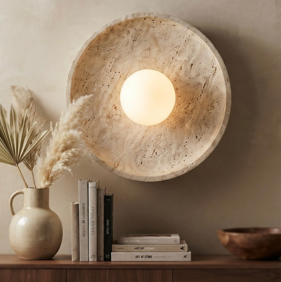 Ume Eclipse, Circular, Wall Sconce, Travertine, Ambient, Modern
