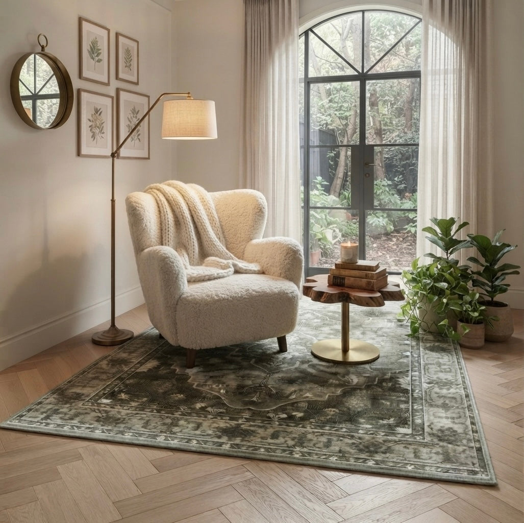 Soren Sage Medallion Distressed Traditional Persian Living Rug
