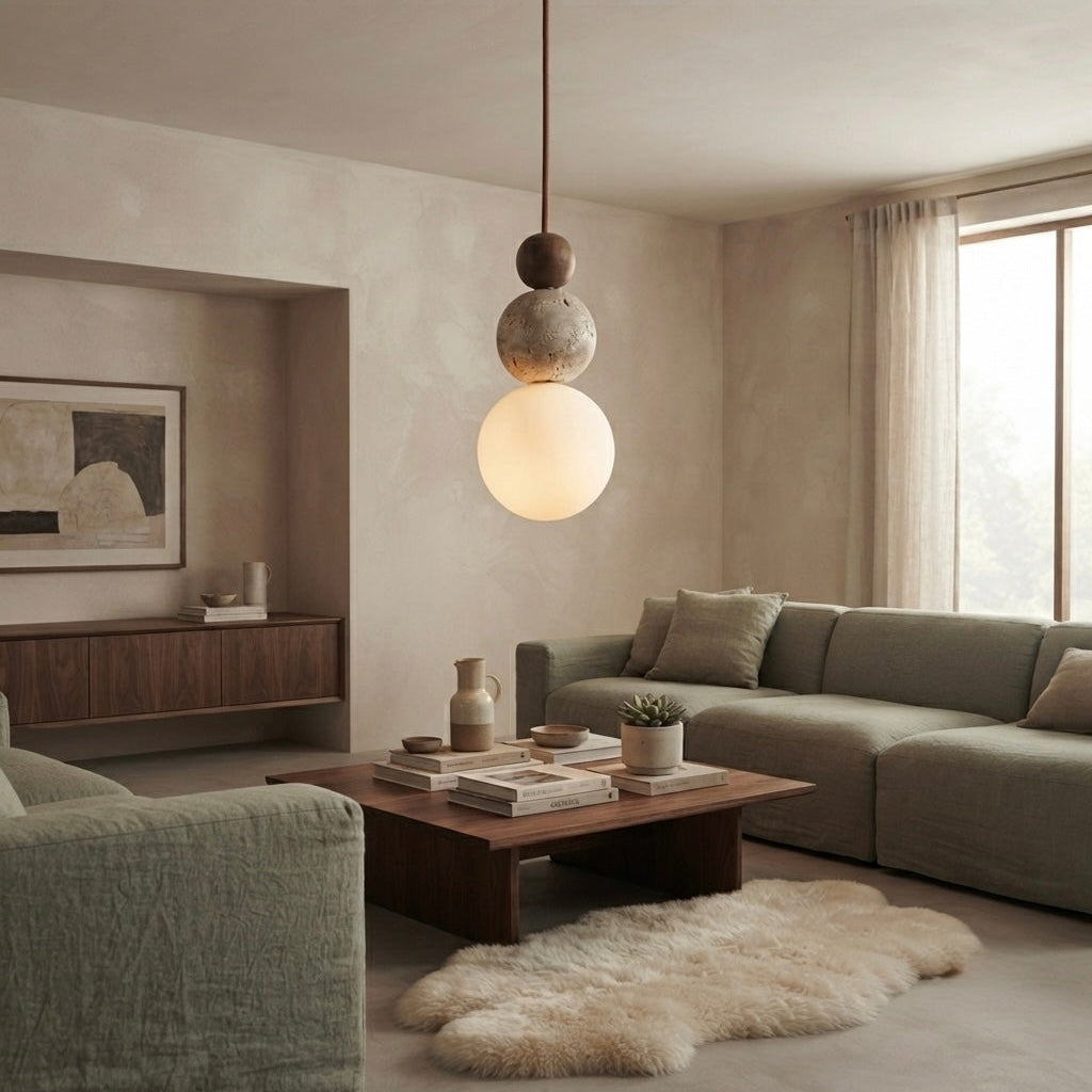 Hoshi Orb, Glass, Travertine, Modern, Ambient, Pendant Light