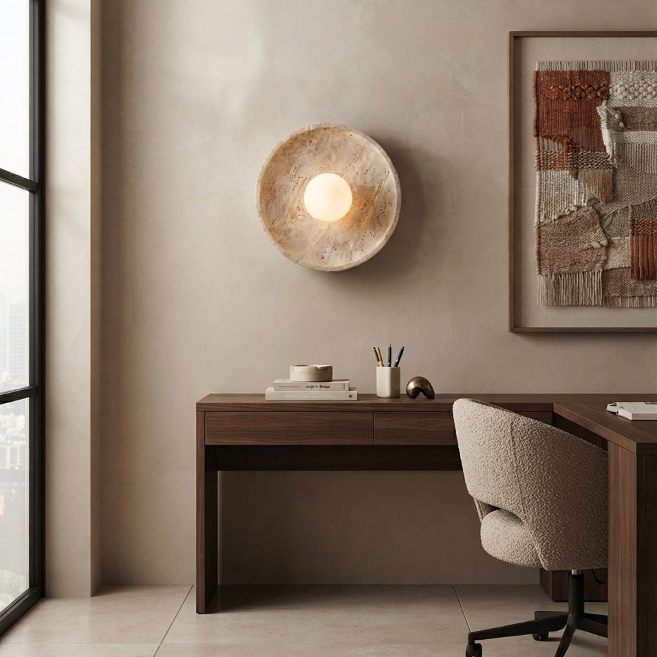 Ume Eclipse, Circular, Wall Sconce, Travertine, Ambient, Modern