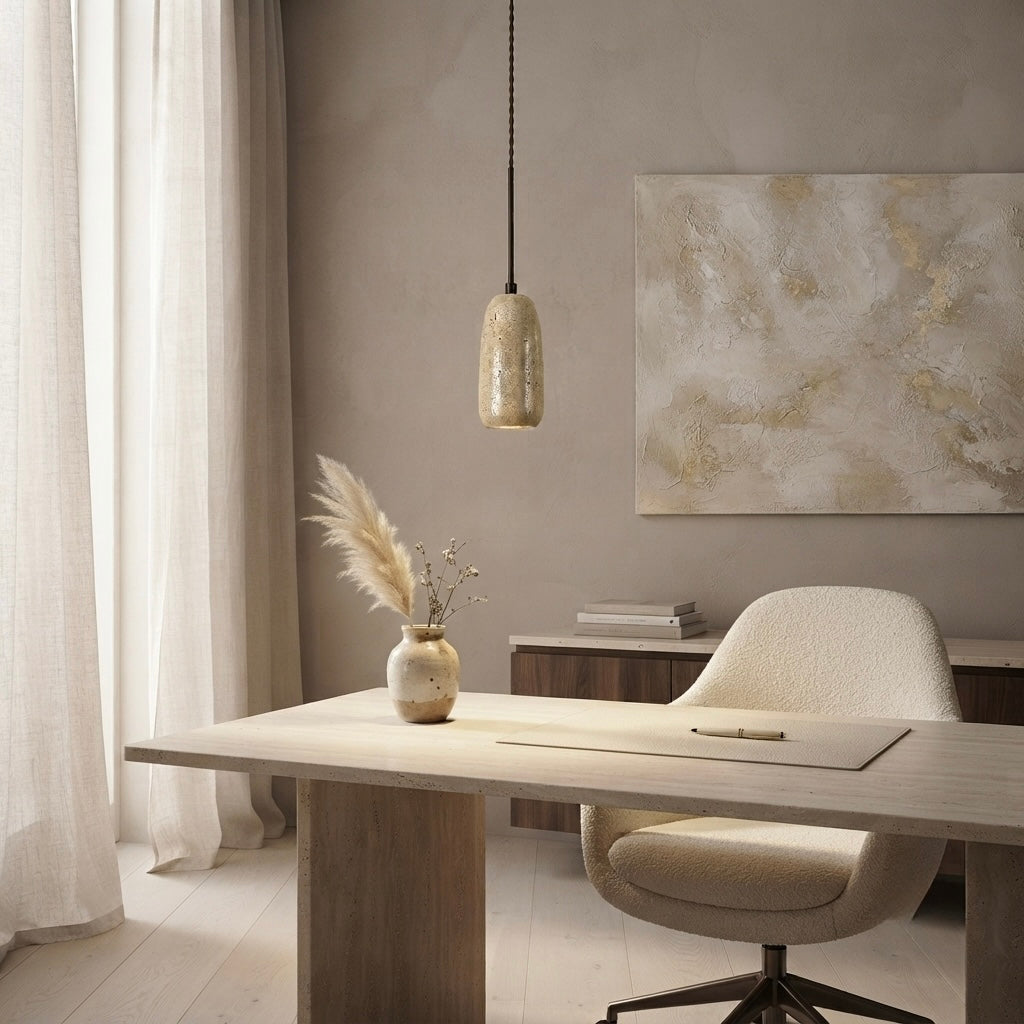 Kintsugi Cylinder, Architectural, Travertine, Pendant, Contemporary, Earthy