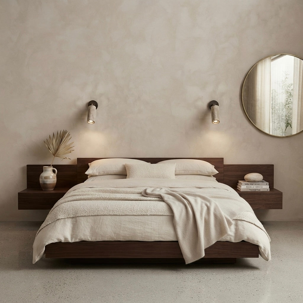 Nori Arc, Organic, Japandi, Wall Light, Travertine, Wood