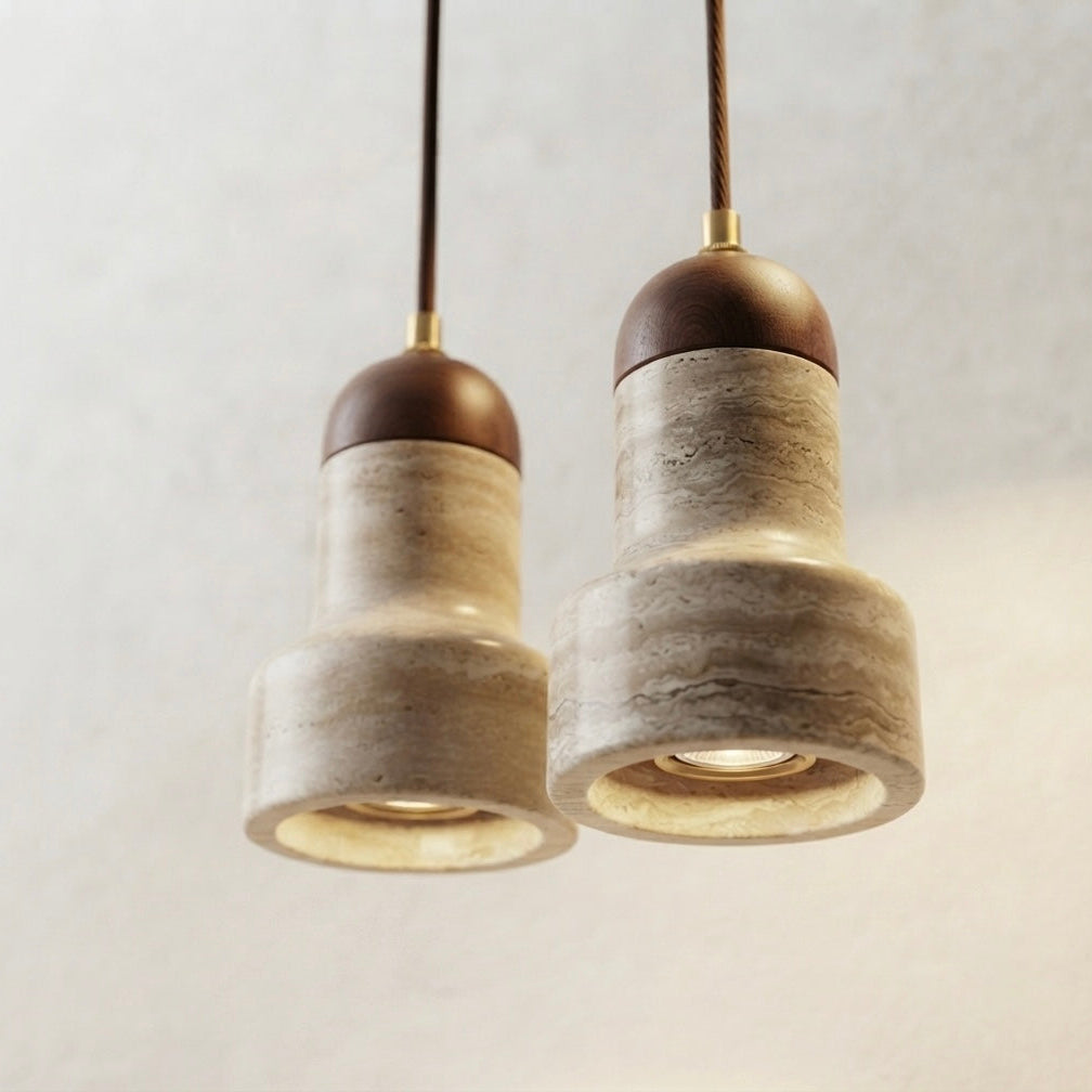 Kaito Stepped, Architectural Travertine Wood Tiered Pendant