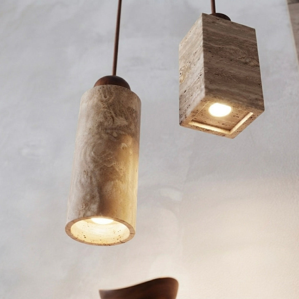 Sora Cylinder, Travertine Wood Japandi Minimalist Pendant