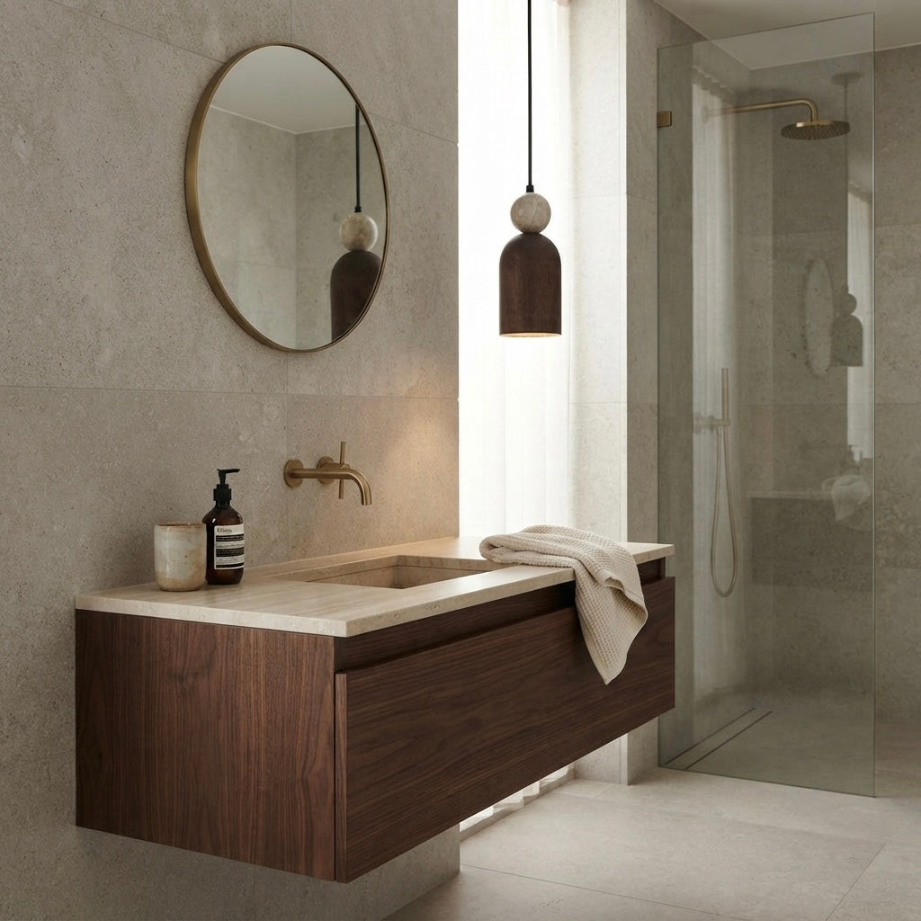Mori Pillar, Vertical, Architectural, Travertine, Wood, Pendant