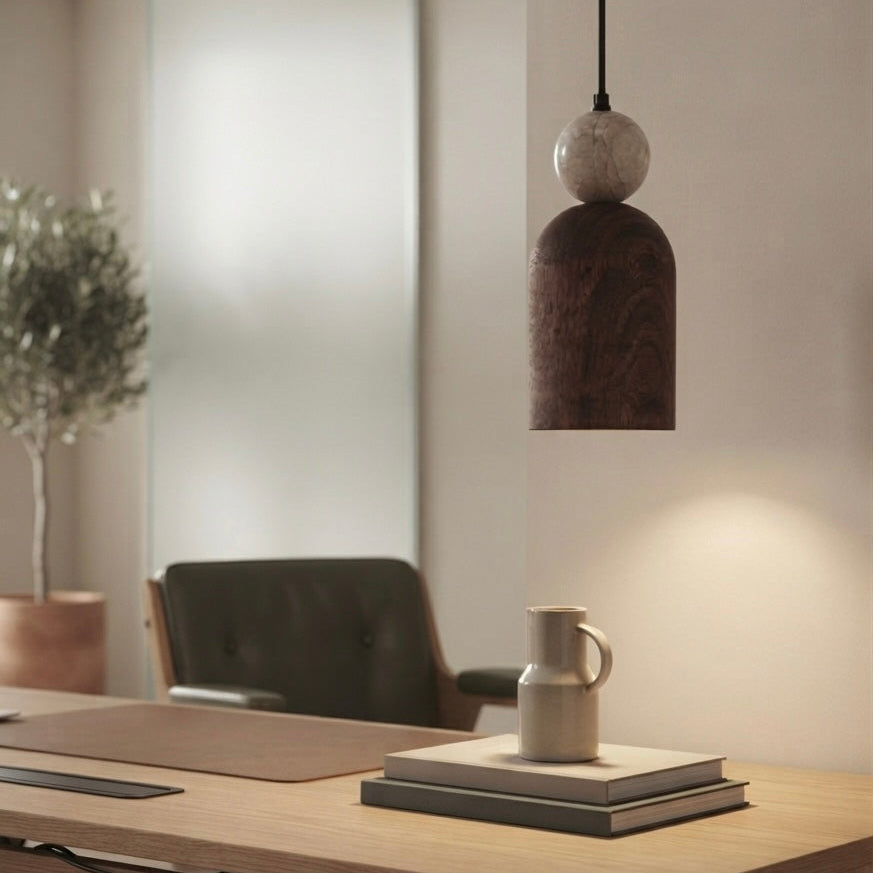 Mori Pillar, Vertical, Architectural, Travertine, Wood, Pendant