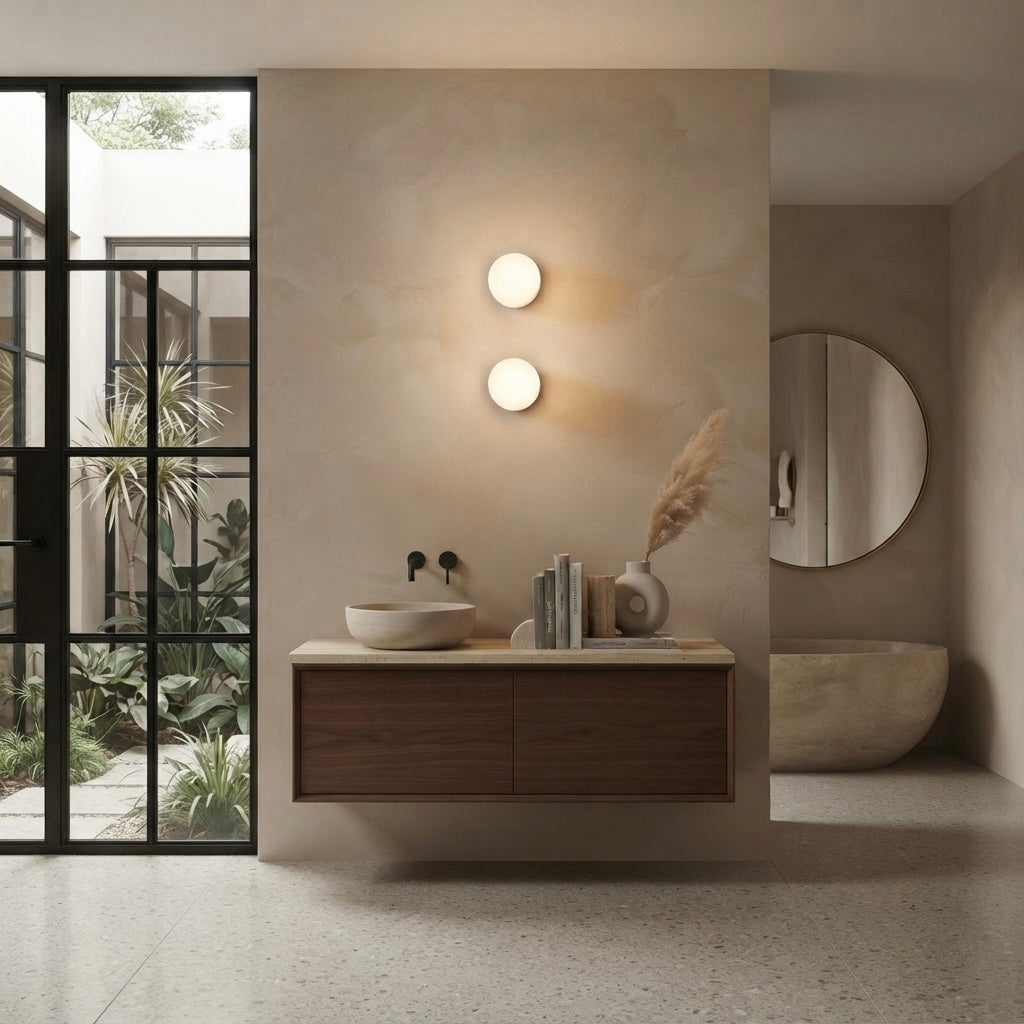 Raku Orbit, Circular, Modern, Travertine, Minimalist, Wall Light