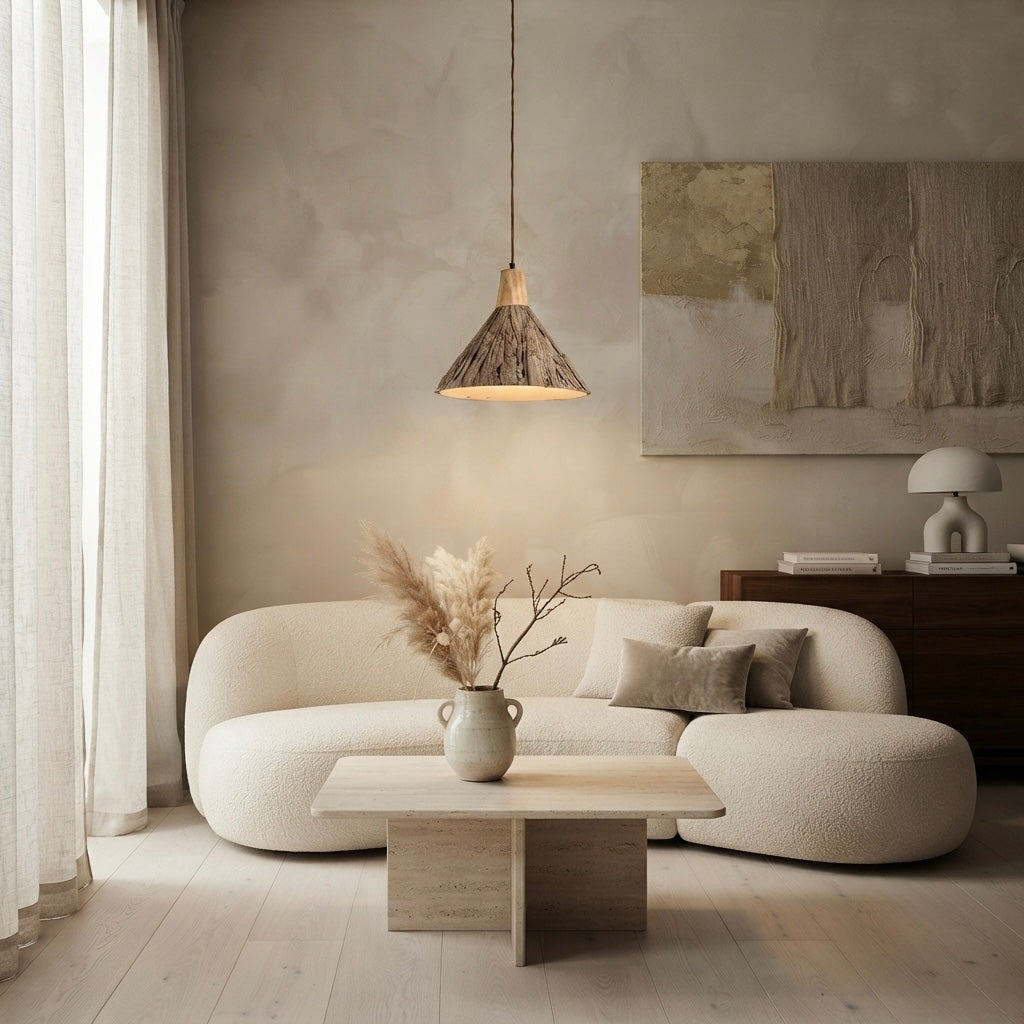 Ren Dome, Japandi, Travertine, Pendant Light, Minimalist, Organic