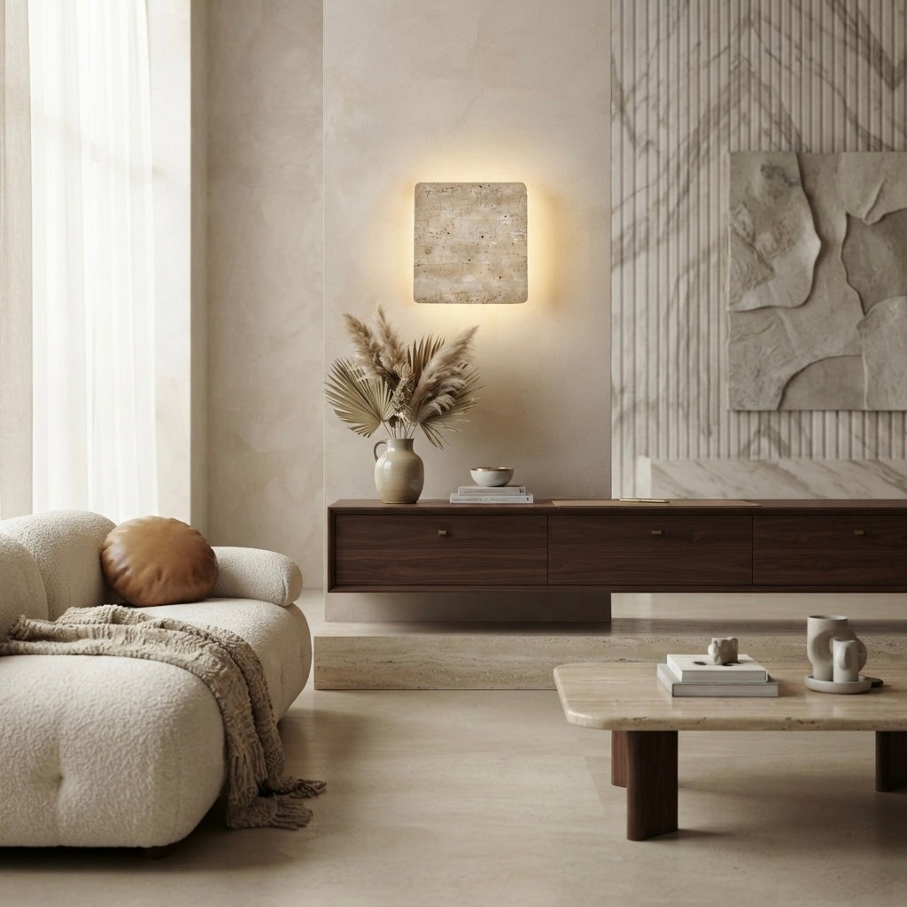 Shibui Square, Geometric, Wall Sconce, Travertine, Modern, Japandi